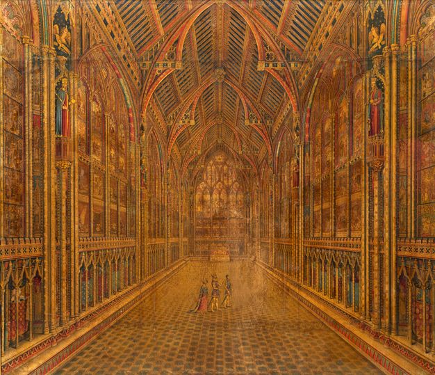Watercolour. Almost every surface of this hall-like, vastly tall structure is covered in ornament, carving, pattern, and/or colour. The space zooms away from us to the altar under pointed arched glass windows. Three people standing near the centre of the space are insignificant in the scale of the timber-ceilinged structure.