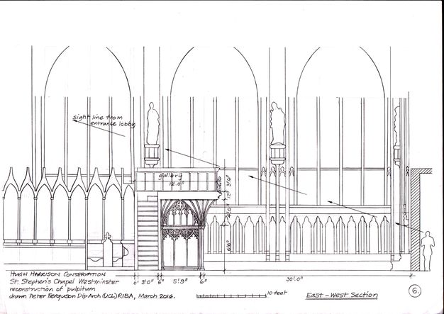 Plan. Elevation drawing shows that a structure spanning the space between the sidewalls of a chapel reaches slightly up into the second level. A few features are marked, including a line labelled “sight line from entrance lobby”.