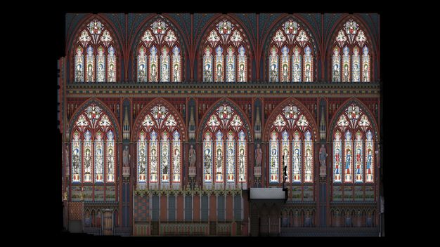 Digital visualization. Two levels of stained glass windows are surrounded by painted and carved ornament, mostly in blue and red.