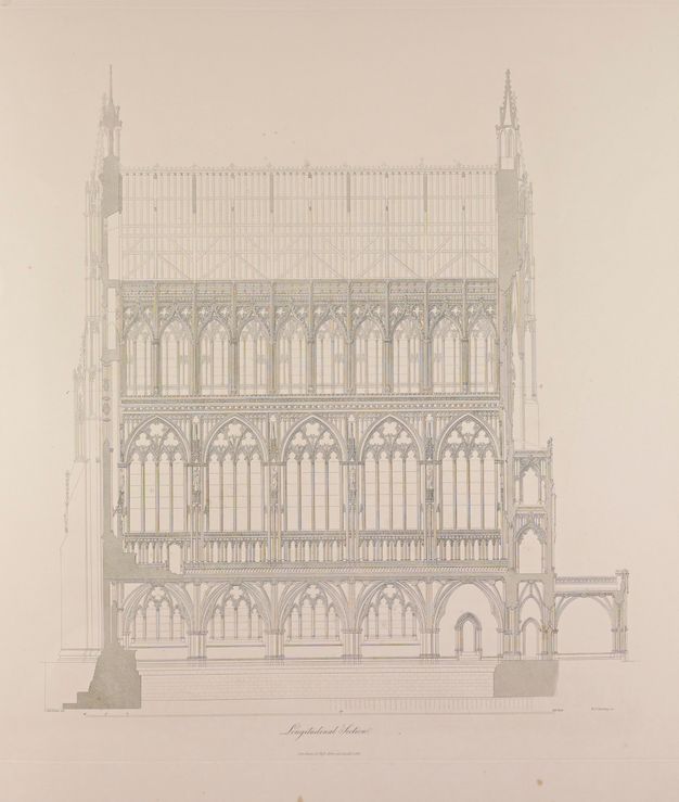 Illustration. The interior elevation of a chapel is five bays long by three stories high. Each pointed arch on the lower two levels is subdivided into four arches.