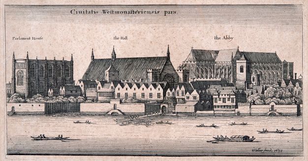 Print. Three buildings span a horizon across a placid stretch of water. From left to right, the buildings are labelled “Parliament House”, “the Hall”, and “the Abby”.