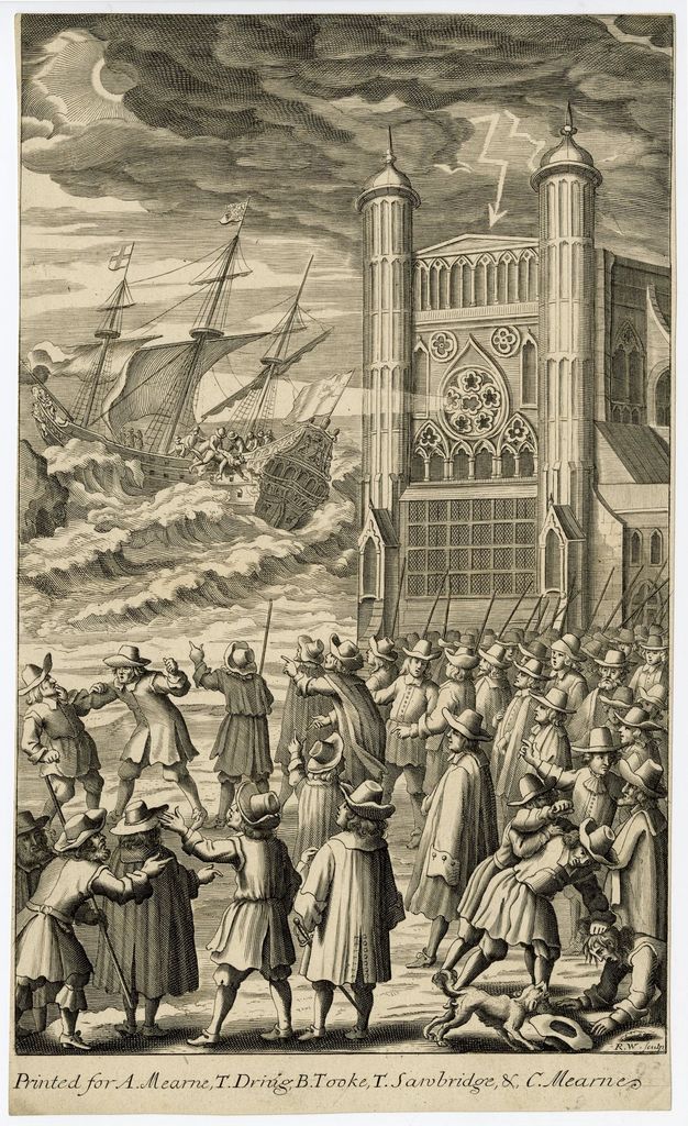 Print. About three dozen people gather on a beach looking at a wave-tossed masted ship impossibly close to shore. To our right and incongruously abutting the water, a beacon shines from the centre of a rose window on the façade of a church.