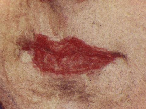 Watercolour. Detail view of a pale-skinned person’s rose-red, bow-shaped lips.