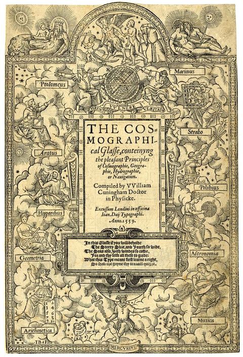 Title page. The title, long subtitle, and colophon at the centre of the page are surrounded with personifications of the arts and sciences among banks of clouds. A few examples include “Ptolomeus”, “Aratus”, “Geometria”, “Arithmetica”, and “Musica”.