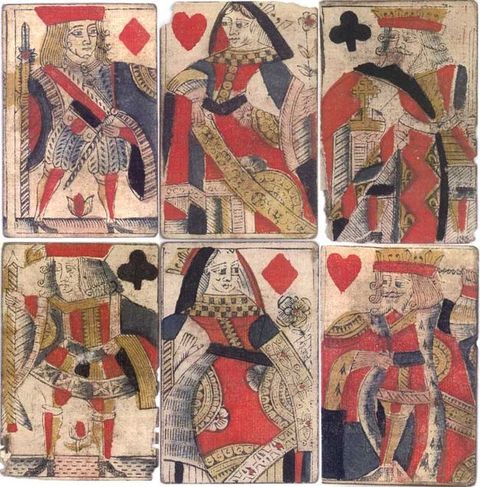 Playing cards. Six cards are printed and coloured in red, blue, yellow, and black. From the top left to bottom right are the knave of diamonds, queen of hearts, king of clubs, knave of clubs, queen of diamonds, and king of hearts.