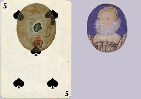 Watercolour. To our right, the head and chest of a pale-skinned woman with flax-blond hair looks at us from the corners of her eyes, her face engulfed in a lacy, pleated collar. She is shown against a blue background in a gold oval frame. To our left, we see the back of the painting, which shows the top centre section of a playing card. The rest of the playing card has been reconstructed to show it would have been a five of spades.