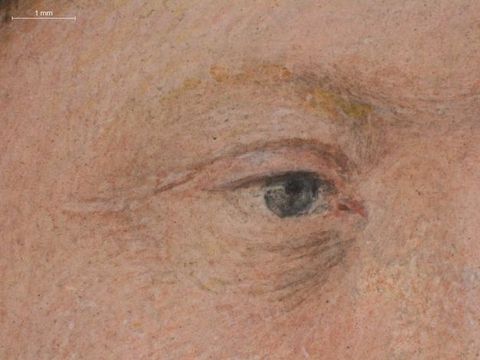 Watercolour. Detail view of a slate-blue eye. Grey lines create shading over the eyelid and under the inner corner of the eye.