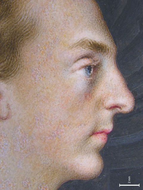 Painting. Detail view of a pale-skinned man’s profile. He has a bumped nose, downwards turning pink lips, and a knobby chin. His blue eyes and the modelling of his eyebrows and skin are done with short strokes and touches of paint. A scale in the lower right measures 2 mm.