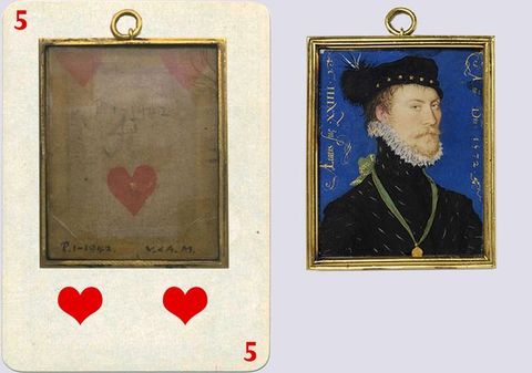 Painting. To our right and shown from the chest up, a pale-skinned, man looks at us from the corners of his eyes. He wears a black cap and high-necked coat, and a frill of pleated lace around his bearded chin. He is shown against a vivid blue background and is set in a rectangular frame. To our left, we see the back of the painting, which shows the centre section of a playing card. The rest of the playing card has been reconstructed to show it would have been a five of hearts.