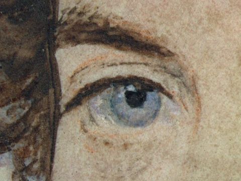 Watercolour. Detail of a grey-blue eye under a dark brow with a glimpse of brown curls to our left.