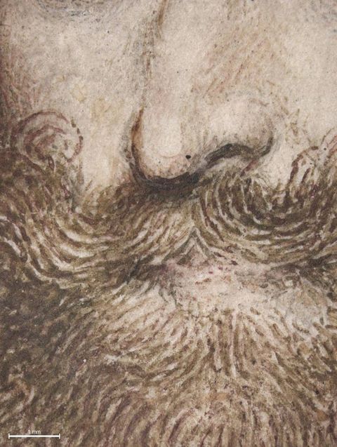 Painting. Detail view of a pale-skinned man’s moustache and beard, painted in short dashes and strokes of dark brown.