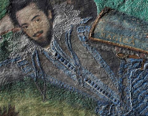 Painting. Detail view of a grey doublet with blue buttons and edging. In raking light, the white lace of his collar and the blue stand out in textured relief.