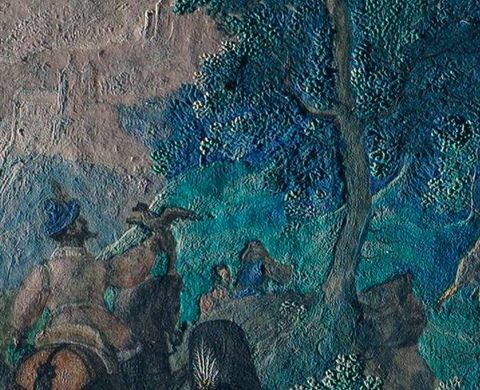 Painting. Detail view of a man on horseback surrounded by textured blue, green, and tan of a forest.