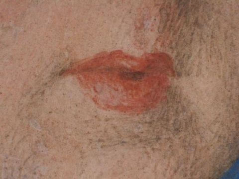 Watercolour. Detail view of a light-skinned person’s pink, pursed lips.