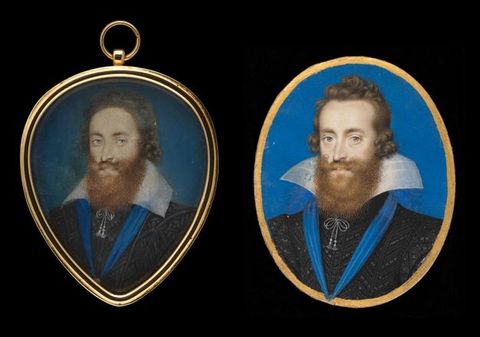 Watercolours. Two portraits show the same man with pale skin, grey eyes, a pointed nose, brown hair, and a full, bushy beard against a vivid blue background. They both wear black jerkins with white collars, though the collar to our left drapes down and other flares up, like flower petals. The portrait on our left tapers at the bottom, like a guitar pick. The portrait on our right is oval.