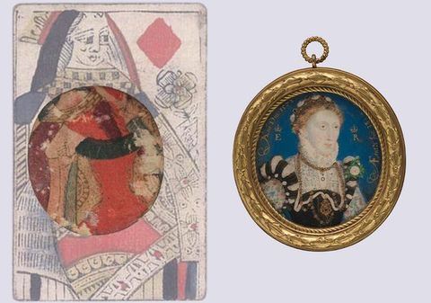 Watercolour. To our right, the head and chest of a pale-skinned woman with gold and jewels in her strawberry-blond hair and on her dress are against a blue background in a gold oval frame. To our left, we see the back of the painting, which shows the centre section of a playing card. The rest of the playing card has been reconstructed to illustrate how it came from a queen of diamonds.