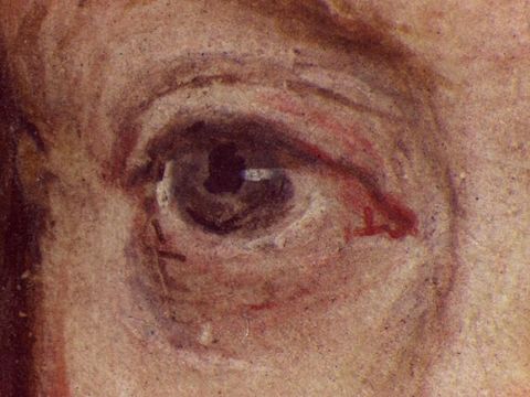 Watercolour. Detail view of a pale-skinned person's right eye. The black iris is a bit irregular, and the iris is ash brown. The inner corner of the eye is touched with red.