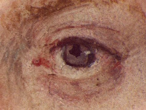 Watercolour. Detail view of a pale-skinned person's left eye. The black iris is a bit irregular, and the iris is ash brown. The inner corner of the eye is touched with red.