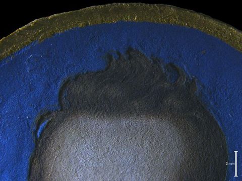 Painting. Detail view of vivid blue painted around a pale-skinned forehead and brown wavy hair. A scale in the lower right corner measures 2 mm.