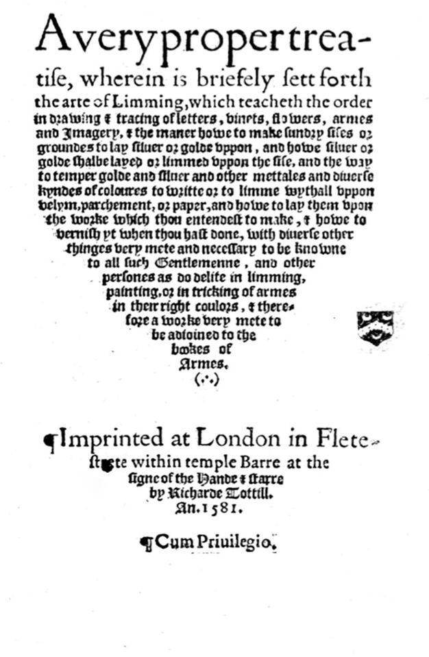 Title page. The first line of the title appears here as “Averypropertrea-” in the largest letters of the page. The next two lines are smaller and then Gothic text is arranged to taper to a point. The colophon is dated 1581.