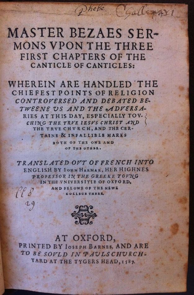 Title page. Three blocks of text are arranged to taper to points, like wide, downwards facing arrows. A name is written to two hands at the top right: “Phebe” and “Challoner”.