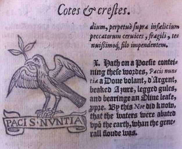 Page of a book. A section titled “Cotes & crests” is illustrated with a dove holding a twig in its beak. The image is fainter than the black Gothic text next to it.
