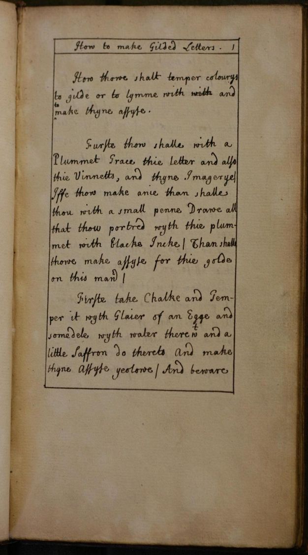 Pages of a book. On each facing page, the title, “The arte of limming”, is in italics, the headings in roman text, and the explanations in Gothic. Some headings include, “To temper good Roser”, “To temper Brasill wherewith to”, and “To temper good Synapour”.