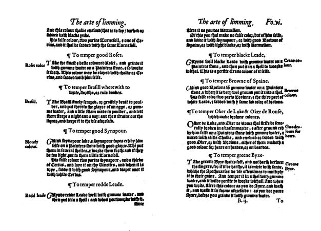 Page of a book. A list in three columns follows a title, which begins “The names of all suche colours & other things, as were mentioned and contayned...”