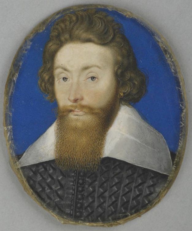 Watercolour. An oval portrait of a pale-skinned man looking at us with hooded eyes under raised brows. Brown hair is swept back from his forehead, and chin-length curls frame his face. Two gold hoops hang from the ear we see. A long, square-bottomed brown beard overlaps a broad white collar that lies over his shoulders.