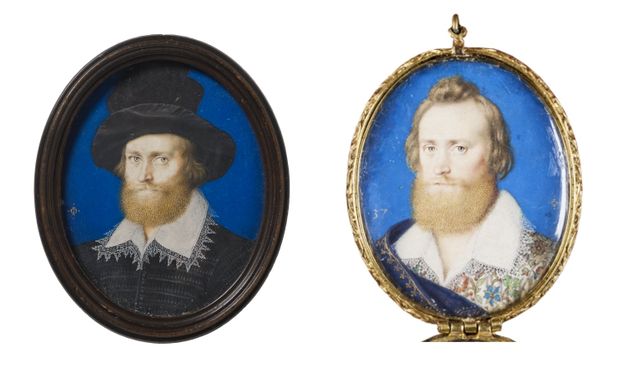 Watercolours. Two oval portraits show the same man with pale skin, grey eyes, a pointed nose, blond hair, and a full, bushy beard against a vivid blue background. In the portrait on our left, he wears a high, brimmed hat, a lace-edged, flat collar, and a black jerkin. On our right, he is bare-headed and wears a floral-patterned jerkin under the same collar.