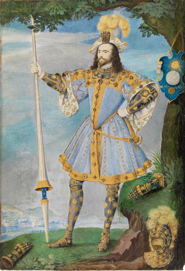 Watercolour. A pale-skinned man stands under a tree on a bit of green earth in front of a deep landscape. He props up a lance with one hand and the other is planted on his hip. His knee-length garment is sky blue edged with gold and jewels.