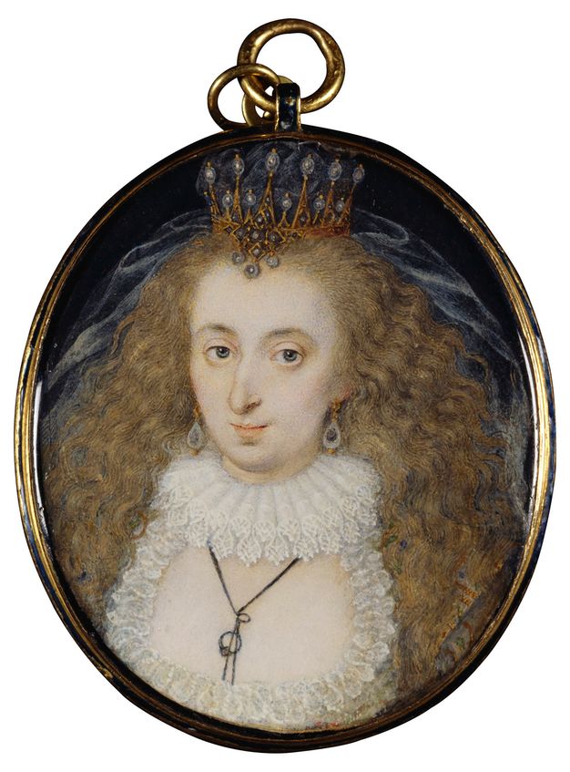 Watercolour. The pale-skinned face, decolletage, gold and pearl crown, and mass of long, loose blond curls fill this oval portrait. The woman has large grey eyes, a long nose with a rounded tip, and pale pink lips set in a narrow face.