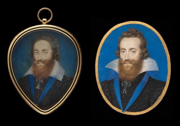 Watercolours. Two portraits show the same man with pale skin, grey eyes, a pointed nose, brown hair, and a full, bushy beard against a vivid blue background. They both wear black jerkins with white collars, though the collar to our left drapes down and other flares up, like flower petals. The portrait on our left tapers at the bottom, like a guitar pick. The portrait on our right is oval.