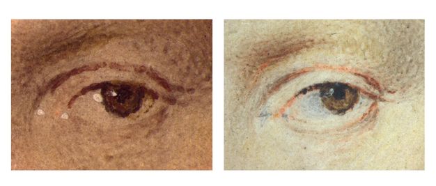 Paintings. Detail views of two right eyes from two paintings. Both have a brown iris and look to our right. On our left, the flesh is peach-coloured, and on the right is almost ivory white.