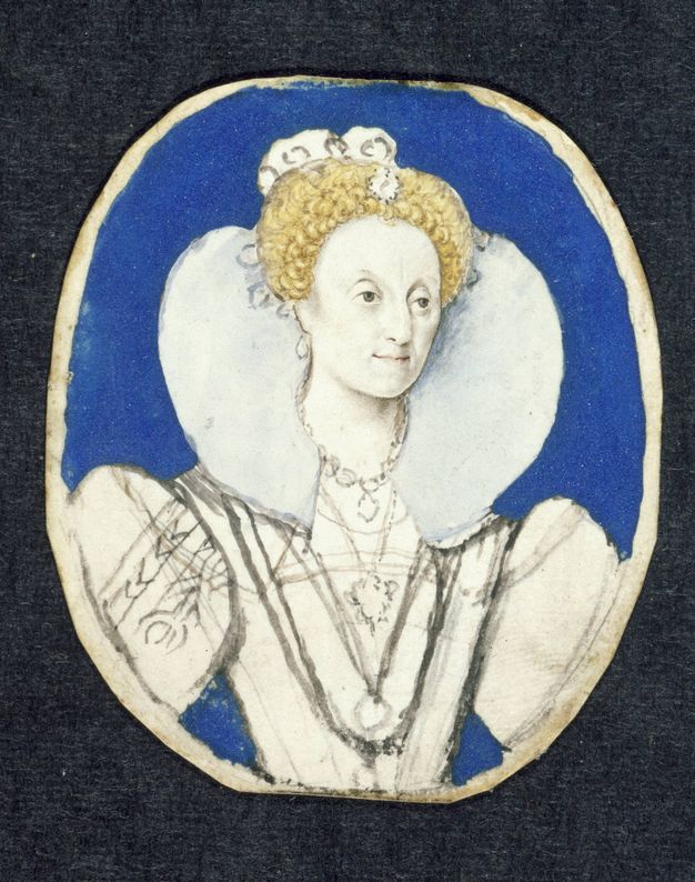 Watercolour. The pale, chalk-white face of a woman is shaded in detail, including large, hooded eyes and pale pink lips. Her blond hair is less defined, and her gown and ruff are sketched in. The background of this oval painting is vivid blue.