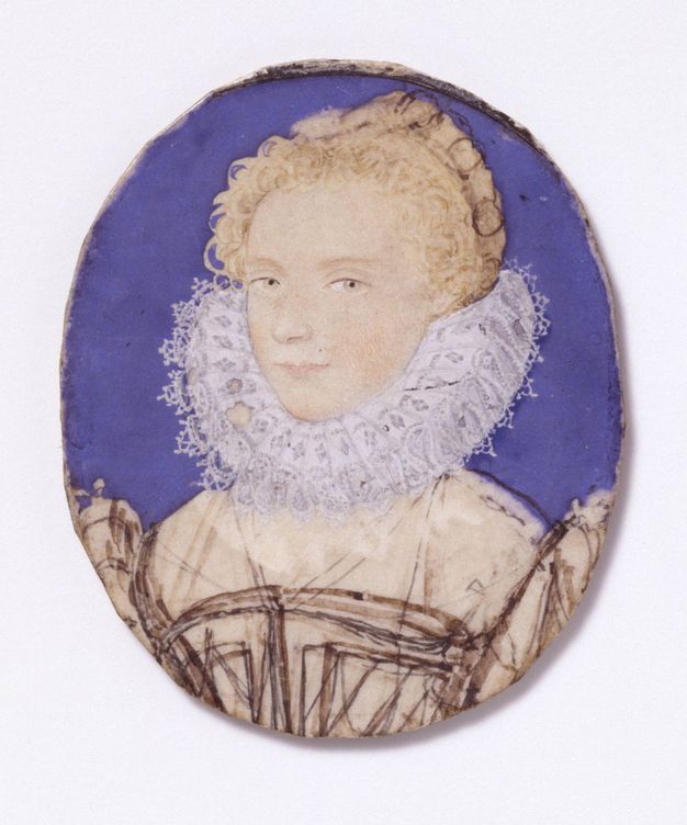 Watercolour. The face of a pale-skinned woman and the pleated, lacy ruff she wears are shaded in detail, including her almond-shaped, grey eyes and pale pink lips. Her blond hair is less defined, and her gown is sketched in. The background of this oval painting is vivid blue.