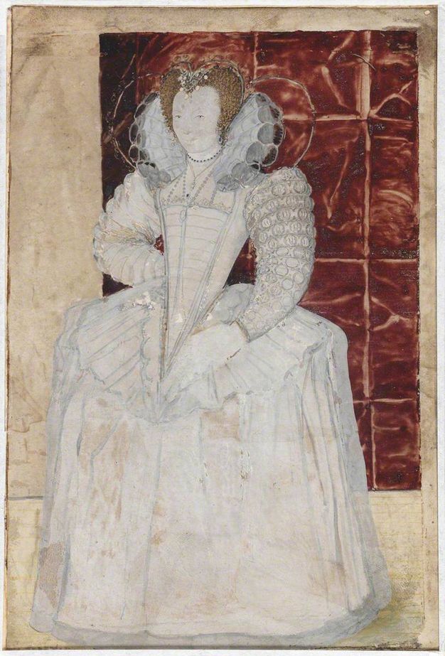 Watercolour. A woman wears a pleated ruff with wide figure-eight folds and an elaborately structured dress with a long, pointed stomacher, poofy, tapering sleeves, and a skirt that flares horizontally at the hips. Her pale face, reddish hair, and ruff are painted in detail. Her dress is sketched in, and much of the background is blocked in. She stands in front of a wine-red wall or curtain.