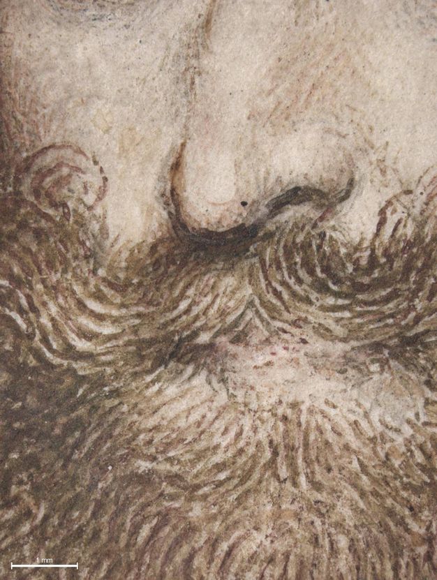 Painting. Detail view of a pale-skinned man’s moustache and beard, painted in short dashes and strokes of dark brown.
