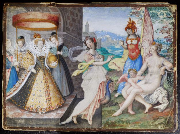 Painting. In the left half of this composition, a woman wearing jewels in her crown, on her hair, in her lacy ruff, and all over her dress stands under a round awning held by three women. To our right, three women and a winged baby look at her, smiling. All the people have pale skin.