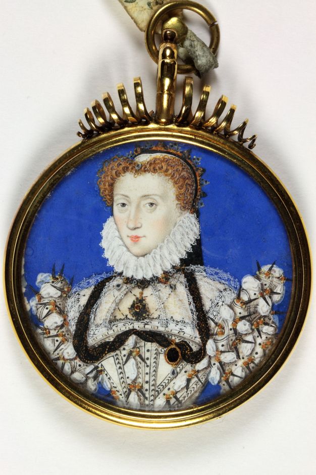 Watercolour. A pale-skinned woman is shown from the waist up against an ultramarine-blue background set in a round, gold frame. The styling of her red curls emphasizes the heart shape of her face. Her pointed chin is tucked into a lacy, figure-eight pleated ruff.
