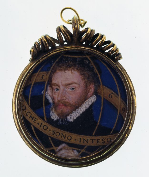 Watercolour. The head and shoulders of a pale-skinned man fill the round gold frame of this portrait. The man has pale skin, curly blond hair, and a trimmed beard with a wide moustache. He looks us with blue eyes under heavy brows. A white ruff frames his jawline over a high-necked black garment. His right hand, to our left, is by his ear; the forefinger of his other hand hooks over band of the armillary sphere surrounding him.