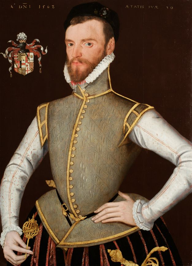 Painting. Shown from the hips up, a pale-skinned man has short hair, a trimmed brown beard, and a wide moustache. White ruffles line his chin over a slate-grey jerkin. One hand is on a hip and in the other, he holds a miniature gold armillary sphere.