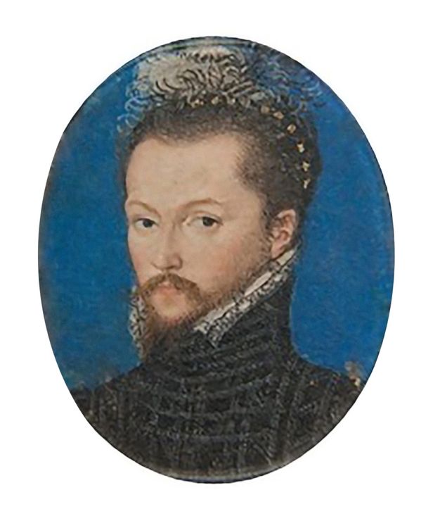 Painting. A pale-skinned man wearing a high-necked jerkin looks at us from the corners of his dark eyes. White and black poof over a black cap set on the back of his dark hair. The oval portrait has a bright blue background.