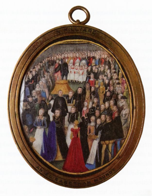 Painting. Miniscule, pale-skinned people stand or sit in a hall-like space. The women close to us wear long gowns, some with trains, and the men among them wear short capes over puffed breeches and stockings. People to the sides wear earth grey and brown.