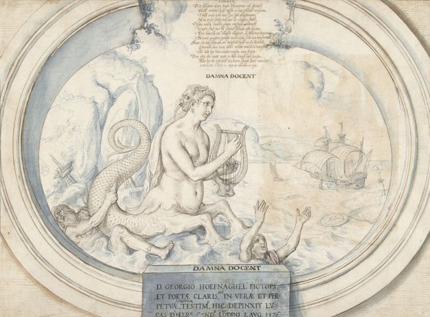Drawing. In silvery grey and icy blue tones, a siren, a woman’s body with a horse’s front legs and a dragon’s tail, plays a harp. Two men flail in the water around her, and ships in the distance approach the sheer cliff behind her. The scene is in an oval cartouche with an inscription on its front face.