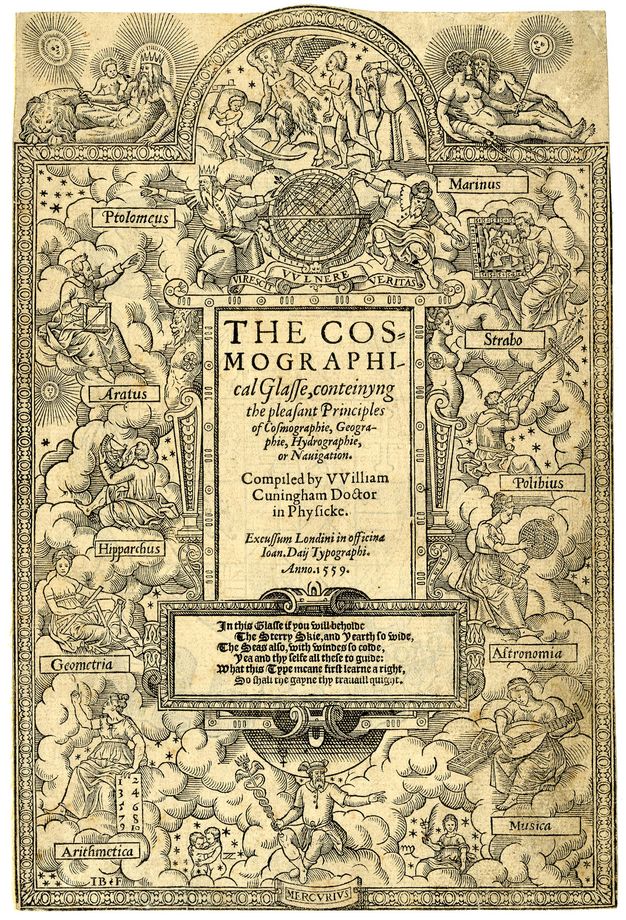 Title page. The title, long subtitle, and colophon at the centre of the page are surrounded with personifications of the arts and sciences among banks of clouds. A few examples include “Ptolomeus”, “Aratus”, “Geometria”, “Arithmetica”, and “Musica”.
