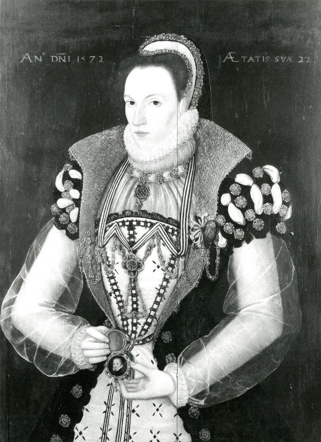 Painting. Black and white reproduction of a woman shown from the hips up, holding open a portrait medallion by her waist. She wears a headdress, ruff around her neck and jewels hang from her necklace and possibly her clothing.