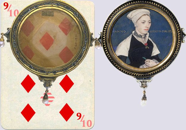 Watercolour. To our right, the head, torso, and hands of a pale-skinned woman are painted against a sapphire-blue background within a round gold frame. To our left, we see the back of the painting, which shows five red diamonds of a playing card. The rest of the playing card has been reconstructed to show it would have been a nine or ten of diamonds.