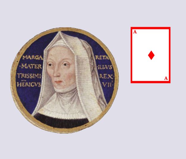 Painting. The head of a pale-skinned woman wearing a peaked, white habit fills this round gold frame. The habit also covers her chin and neck. Gold text is against the sapphire-blue background. A digital drawing of an ace of diamonds is to our right.