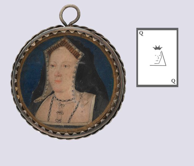 Watercolour. A pale-skinned woman with a long face looks off to our right. She wears a peaked brown and black headdress and a dress with a square neckline. She is shown against a marine-blue background and is set in a round frame. A digital drawing of queen playing card is to our right, but the suit is not specified.